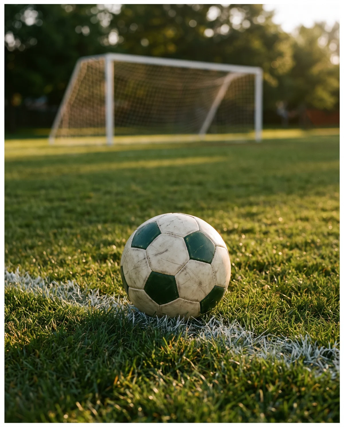 An illustrative soccer ball on a sunlit field beside a white touchline.